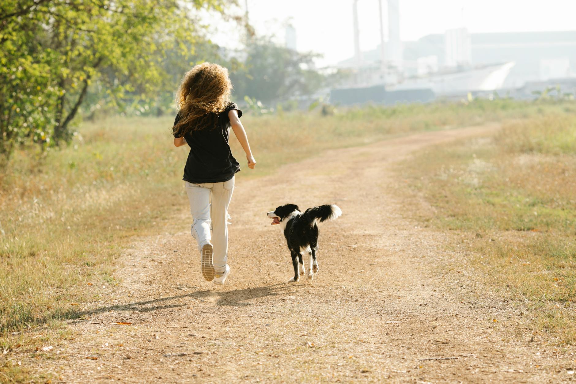 managing your energy. woman with dog in the park